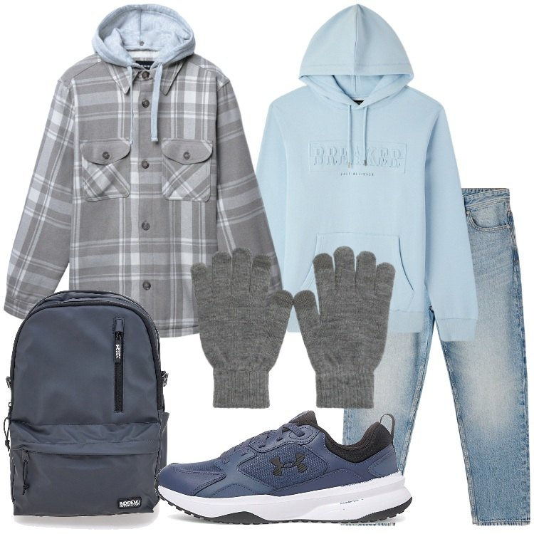 Outfit uomo - Giacca shacket imbottita con cappuccio. Stile Urban per Tutti i giorni. Abbinamento con jeans dritti, felpe con cappuccio, cappotti, guanti, borse sportive, scarpe sportive.