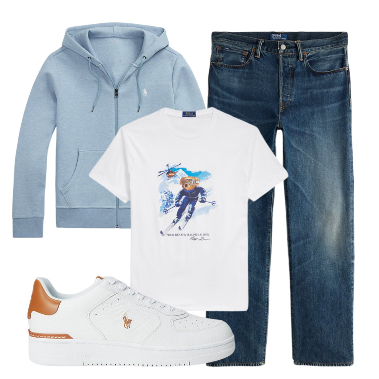 Outfit uomo - Scii. Stile Urban per Tutti i giorni. Abbinamento con sneakers, felpe, jeans dritti, t-shirt.