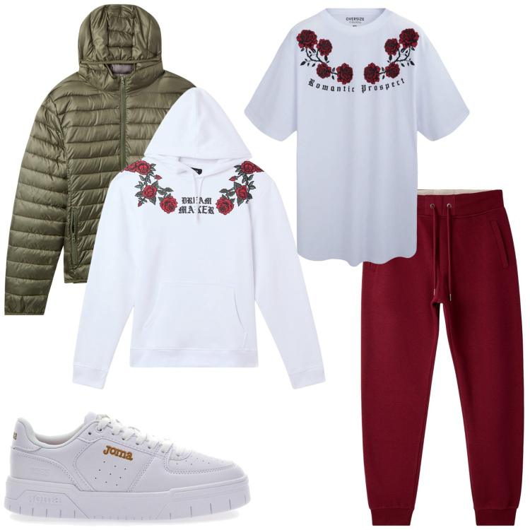 Outfit uomo - Felpa e fiori in bianco. Stile Urban per Tutti i giorni. Abbinamento con felpe con cappuccio, piumini, t-shirt, pantaloni, sneakers.