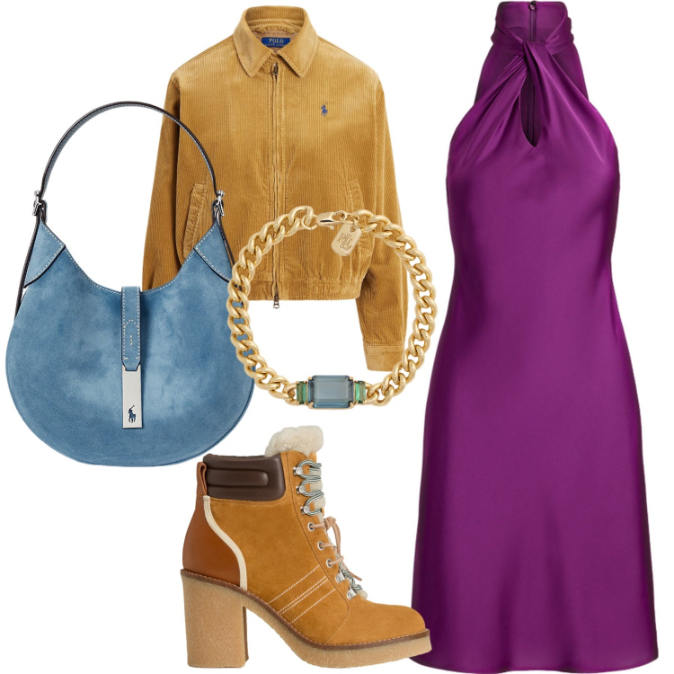 Outfit donna - Coloriamo la serata autunnale. Stile Trendy per Serata fuori. Abbinamento con stivaletti, borse a spalla, vestiti, braccialetti, blazer.