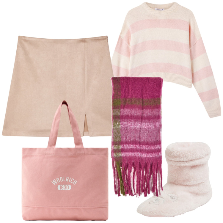 Outfit donna - Pink on pink. Stile Casual per Tutti i giorni. Abbinamento con pantofole, minigonne, maglieria, borse tote, sciarpe.
