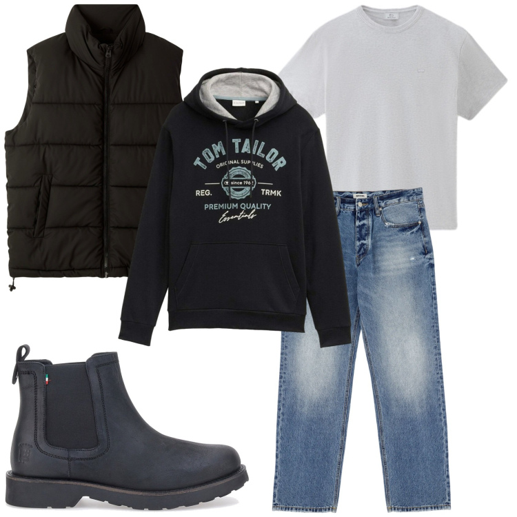 Outfit uomo - Felpa con cappuccio e smanicato. Stile Casual per Tutti i giorni. Abbinamento con felpe con cappuccio, piumini, jeans, t-shirt, stivali e stivaletti.
