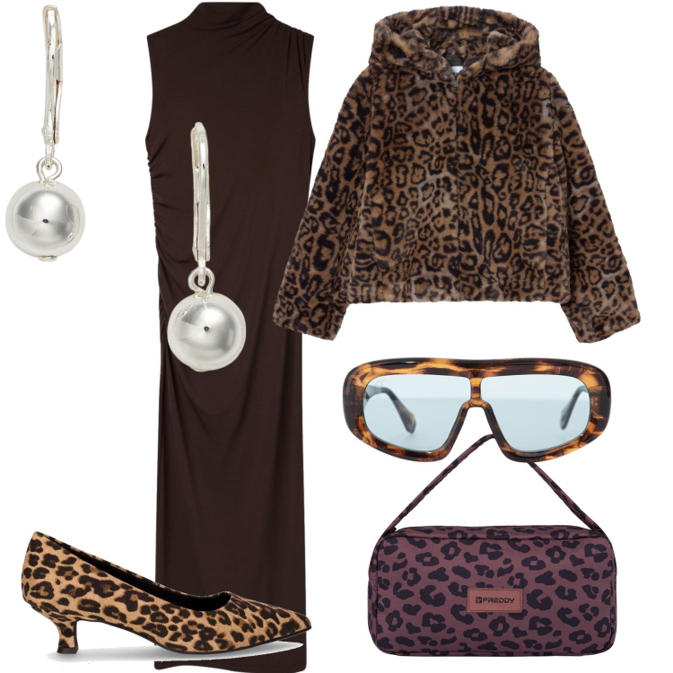 Outfit donna - A lady. Stile Glamour per Serata fuori. Abbinamento con vestiti lunghi, ecopellicce, borse a spalla, occhiali da sole, orecchini, décolleté.