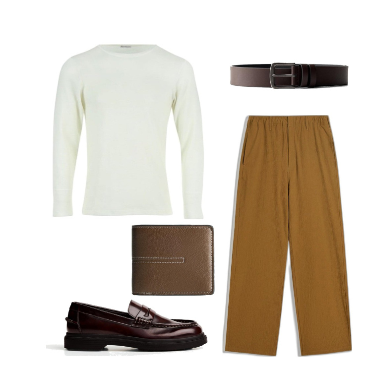 Outfit hombre - Pantalón marrón. Estilo Casual para Todos los días. Combinación con camiseta, pantalones, zapatos con cordones, carteras, cinturones.