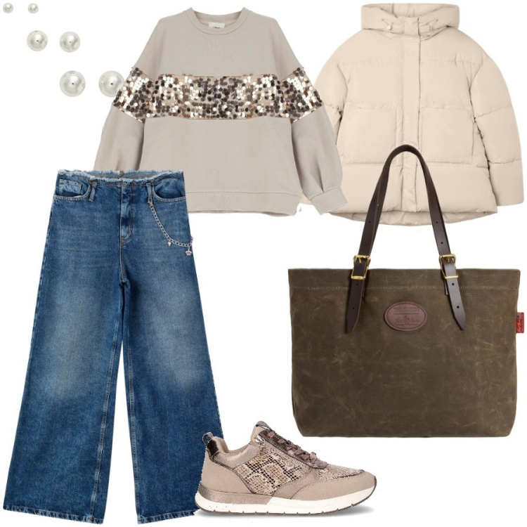 Outfit donna - Mix di comodità e stile. Stile Trendy per Tutti i giorni. Abbinamento con bomber, jeans dritti, borse tote, felpe, orecchini, sneakers.