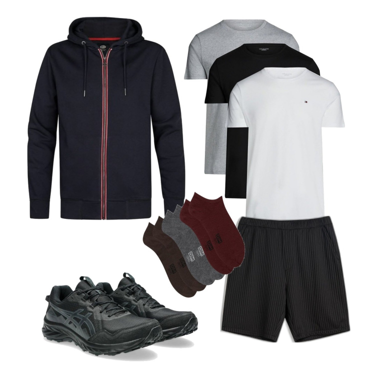 Outfit hombre - Un poco de deporte. Estilo Urban para Deporte. Combinación con camiseta, bermudas, sneakers, calcetines, sudaderas con capucha.
