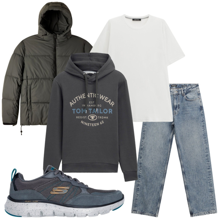 Outfit uomo - Felpa con cappuccio in grigio. Stile Casual per Tutti i giorni. Abbinamento con felpe con cappuccio, bomber, jeans dritti, t-shirt, sneakers.