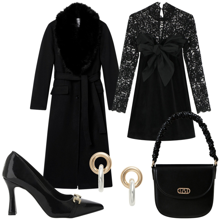 Outfit donna - Serata in pizzo. Stile Chic per Serata fuori. Abbinamento con cappotti, borse a mano, décolleté, vestiti corti, orecchini.