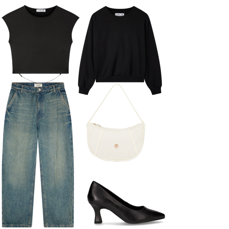 Outfit donna - Outfit chill. Stile Casual chic per Scuola/Università. Abbinamento con jeans, felpe, t-shirt, borse a mano, décolleté.