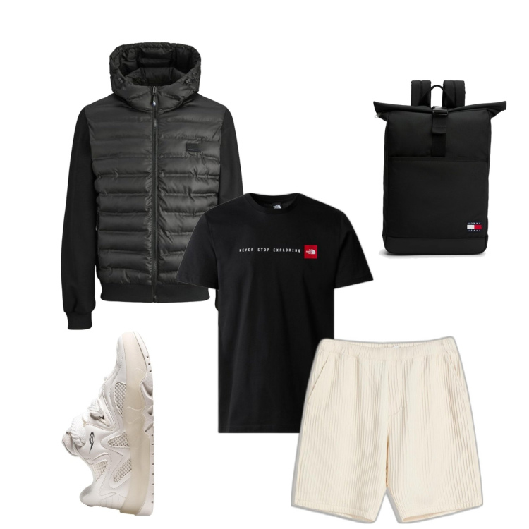 Outfit hombre - Día intenso. Estilo Urban para Deporte. Combinación con bermudas, bolsos deportivos, camiseta, sneakers, plumíferos.