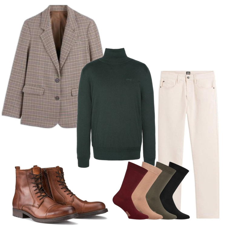Outfit hombre - Día invernal. Estilo Casual para Todos los días. Combinación con botas y botines, vaqueros, calcetines, chaquetas, prendas de punto.