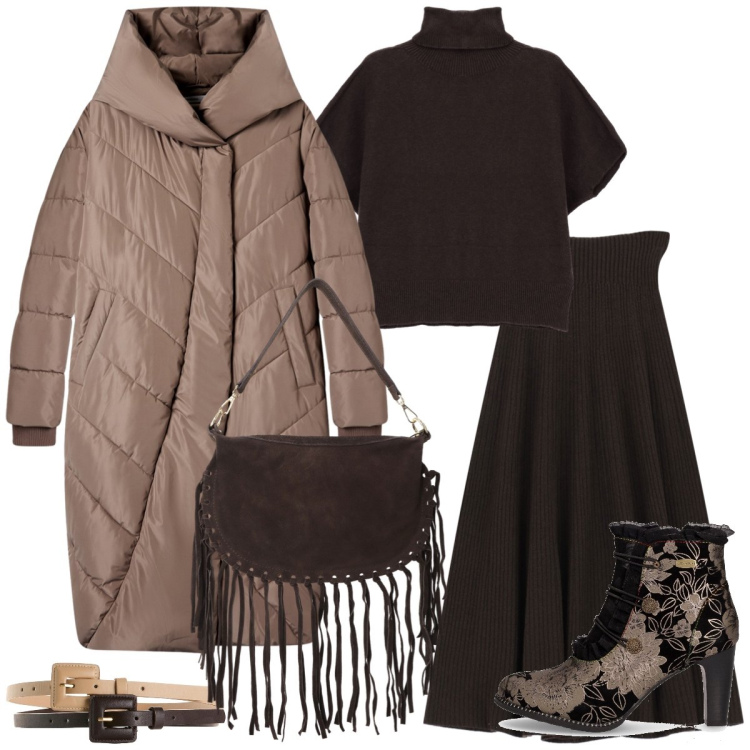 Outfit donna - Total look #2277686. Stile Casual chic per Tutti i giorni. Abbinamento con cinture, cappotti, maglieria, gonne lunghe, borse a tracolla, stivaletti.