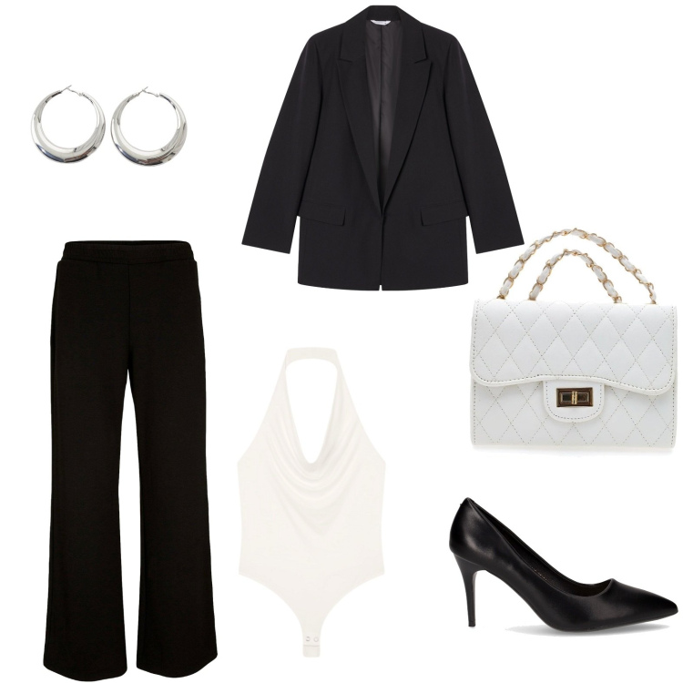 Outfit donna - Outfit serale. Stile Chic per Cerimonia. Abbinamento con pantaloni a palazzo, body, blazer, orecchini, borse a tracolla, décolleté.