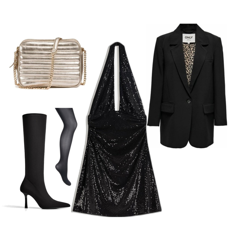 Outfit mujer - Noche de fiesta. Estilo Sexy para Noche/Fiesta elegante. Combinación con bolsos de hombro, panties, blazers, botas, vestidos cortos.
