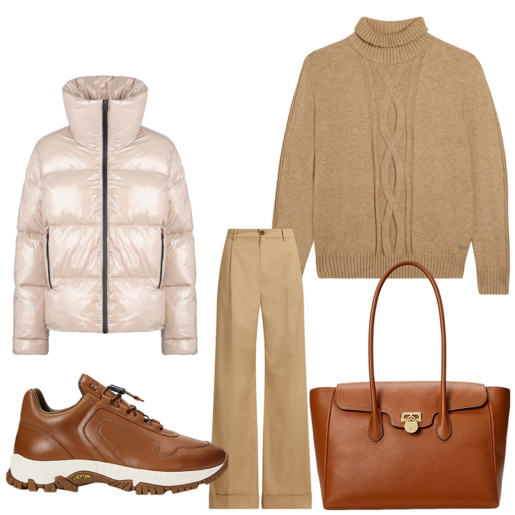 Outfit donna - Al lavoro. Stile Casual chic per Ufficio. Abbinamento con maglieria, sneakers, borse a mano, pantaloni, blazer.