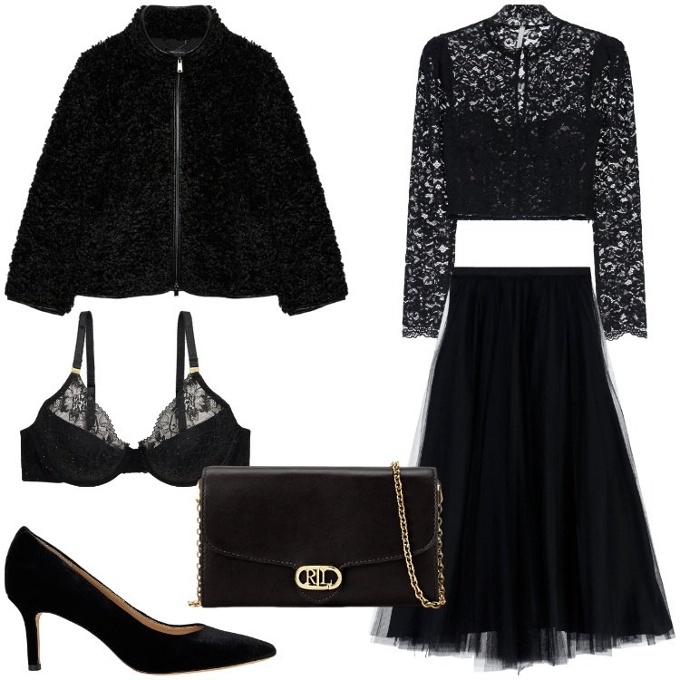 Outfit donna - Glamour Total Black. Stile Glamour per Serata fuori. Abbinamento con gonne lunghe, bluse, borse a tracolla, décolleté, reggiseni, ecopellicce.