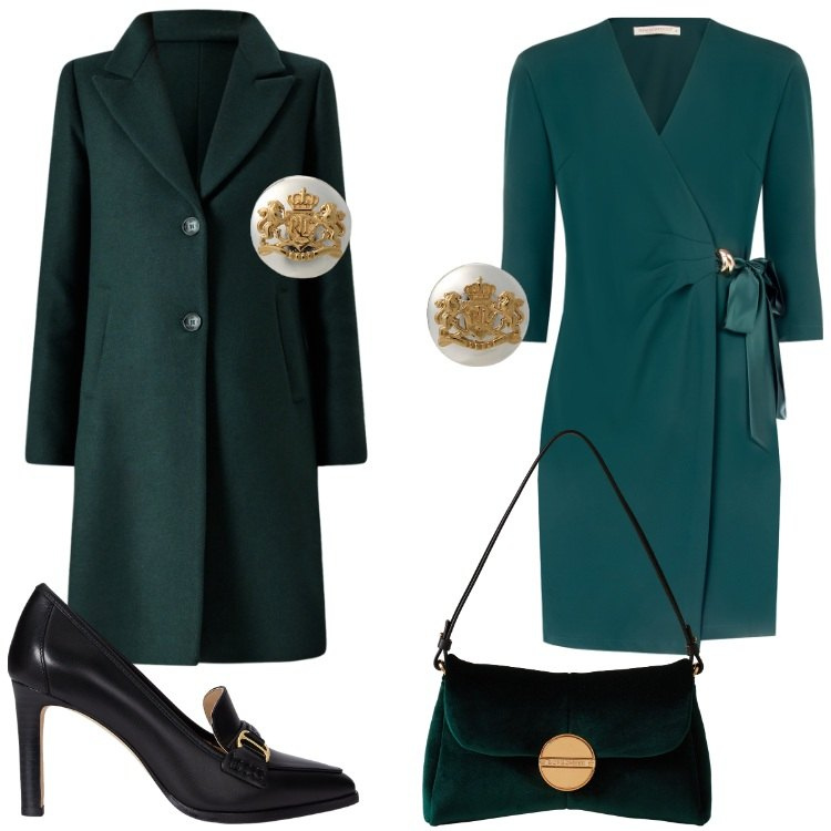 Outfit donna - Verde profondo. Stile Romantica per Serata fuori. Abbinamento con vestiti corti, cappotti, orecchini, décolleté, borse a tracolla.