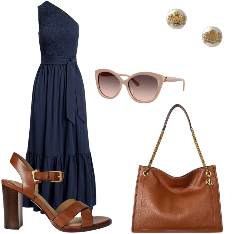 Outfit donna - Abito monospalla in jersey. Stile Casual chic per Tutti i giorni. Abbinamento con orecchini, borse tote, vestiti asimmetrici, occhiali da sole, sandali in pelle.