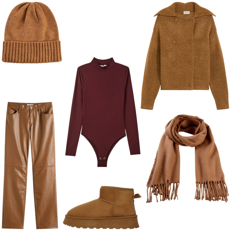 Outfit donna - Cream Caramel. Stile Casual per Tutti i giorni. Abbinamento con berretti, sciarpe, pantaloni, cardigans, body, stivali.