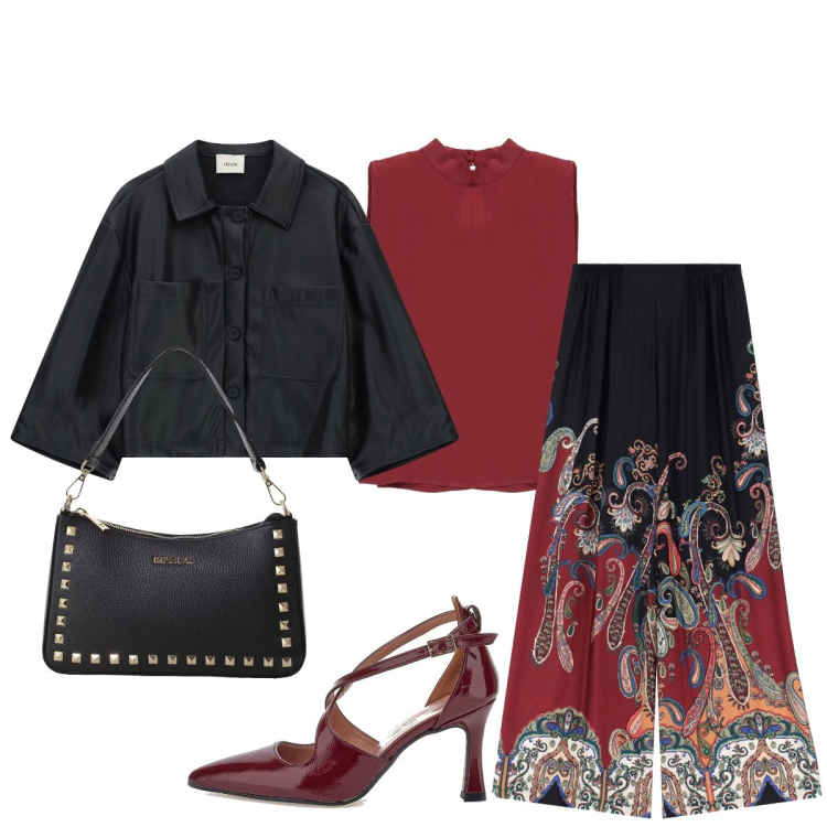Outfit donna - Serata. Stile Glamour per Serata fuori. Abbinamento con pantaloni a palazzo, pochette, blazer, top, décolleté.