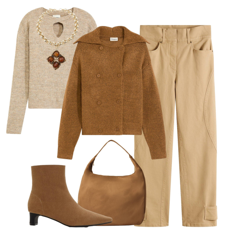 Outfit donna - Caramello e miele. Stile Casual chic per Tutti i giorni. Abbinamento con maglieria, stivaletti, cardigans, pantaloni, borse a mano, collane.