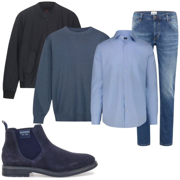 Outfit uomo - In ufficio. Stile Trendy per Tutti i giorni. Abbinamento con jeans dritti, stivali e stivaletti, maglieria, camicie, bomber.