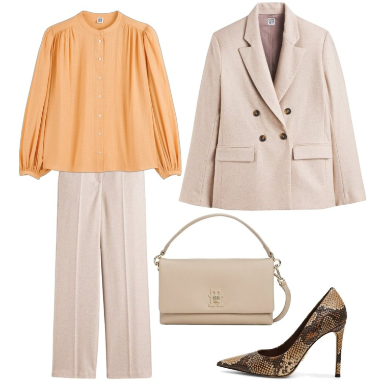 Outfit mujer - Elegante Chic. Estilo Chic para Oficina. Combinación con pantalones palazzo, blazers, blusas, bandoleras, zapatos de tacón.