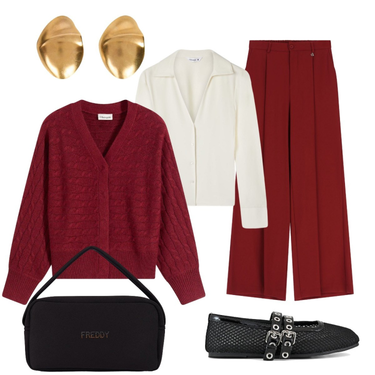 Outfit donna - Bonton in ufficio. Stile Bon Ton per Ufficio. Abbinamento con cardigans, camicie, borse a mano, pantaloni a palazzo, ballerine, orecchini.