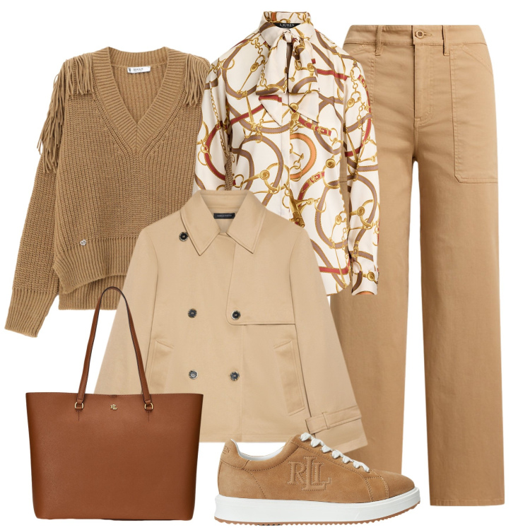 Outfit donna - Caramello al lavoro. Stile Casual chic per Ufficio. Abbinamento con maglieria, borse tote, pantaloni, sneakers, camicie, trench.