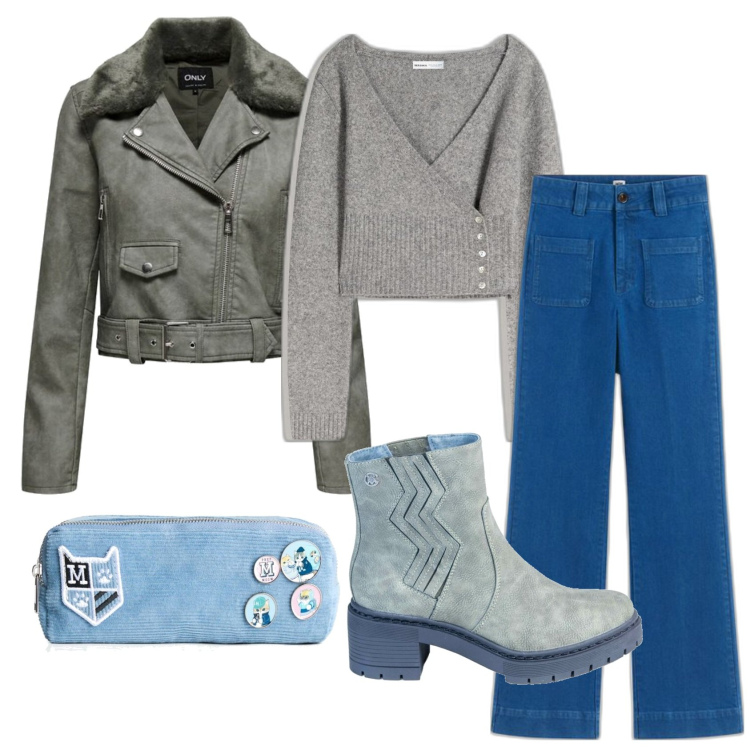 Outfit mujer - Rock #979. Estilo Rock para Todos los días. Combinación con blazers, botas, vaqueros bootcut, cárdigans, maletas.