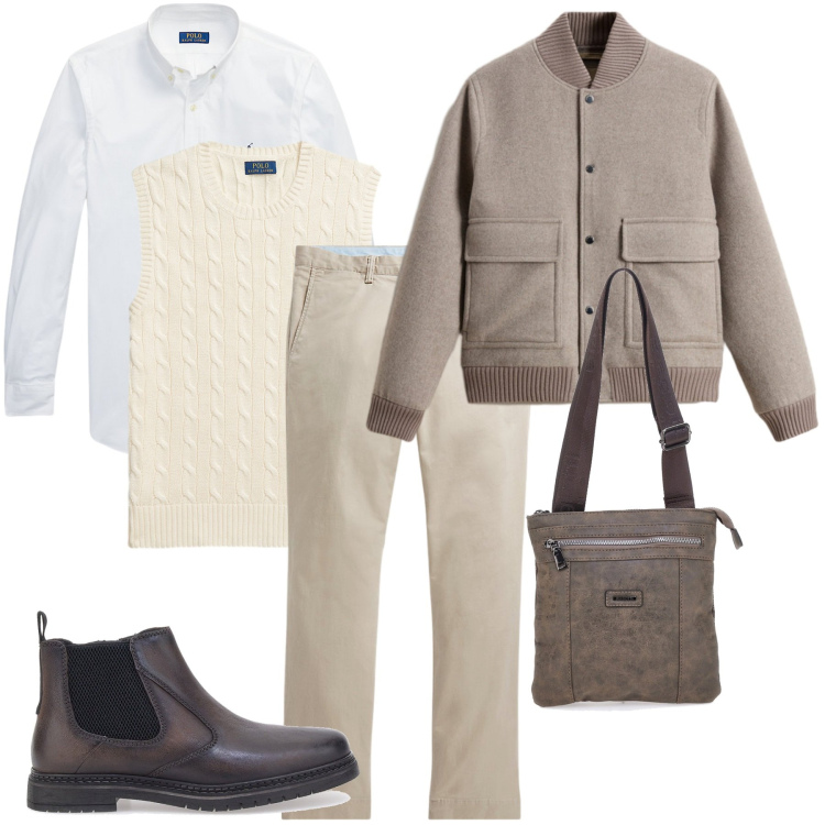 Outfit uomo - Tempo di marroni. Stile Casual per Ufficio. Abbinamento con bomber, pantaloni, camicie, maglieria, portafogli, stivali e stivaletti.