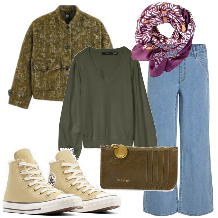 Outfit mujer - Urban #6679. Estilo Urban para Escuela/Universidad. Combinación con monederos, vaqueros rectos, sneakers, bandas para el pelo, prendas de punto, blazers.
