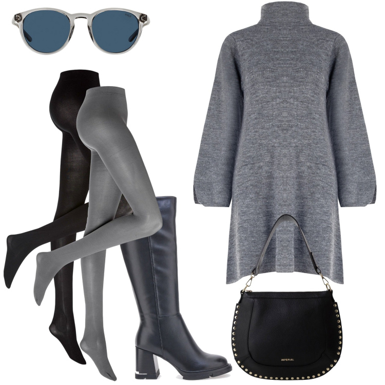 Outfit donna - Chic & Cozy. Stile Vintage retrò per Tutti i giorni. Abbinamento con collant, vestiti corti, borse a spalla, occhiali da sole, stivali.