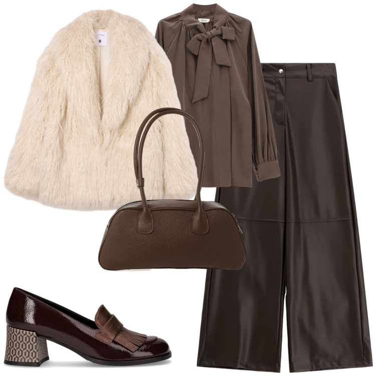 Outfit donna - Cerimonia. Stile Trendy per Cerimonia. Abbinamento con ecopellicce, pantaloni a palazzo, bluse, borse a mano, mocassini.