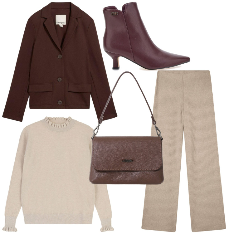 Outfit donna - Marrone per questo autunno. Stile Trendy per Tutti i giorni. Abbinamento con blazer, pantaloni, borse a tracolla, maglieria, stivaletti.