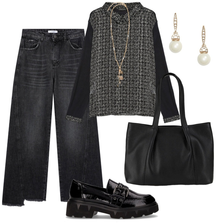 Outfit donna - Total black. Stile Casual chic per Tutti i giorni. Abbinamento con shopping bag, jeans, orecchini, ciondoli, mocassini, camicie.