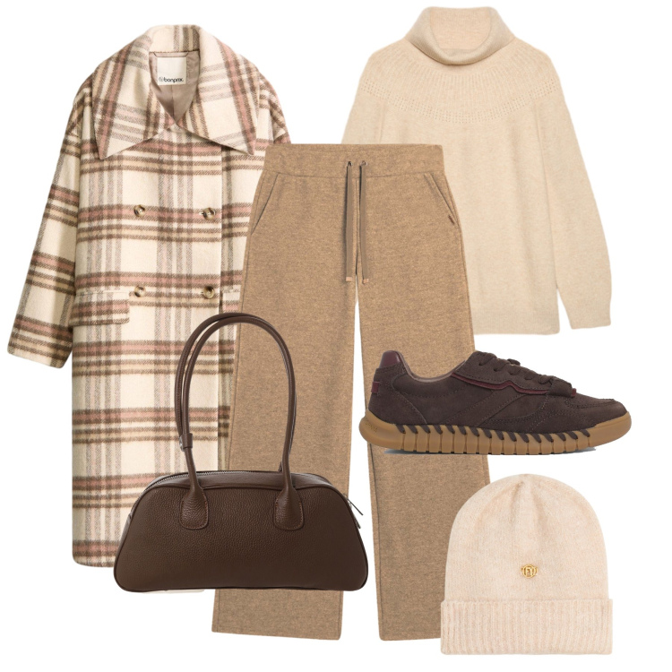 Outfit donna - Comfy con gli amici. Stile Casual per Tutti i giorni. Abbinamento con cappotti, pantaloni, berretti, borse a mano, maglieria, sneakers.