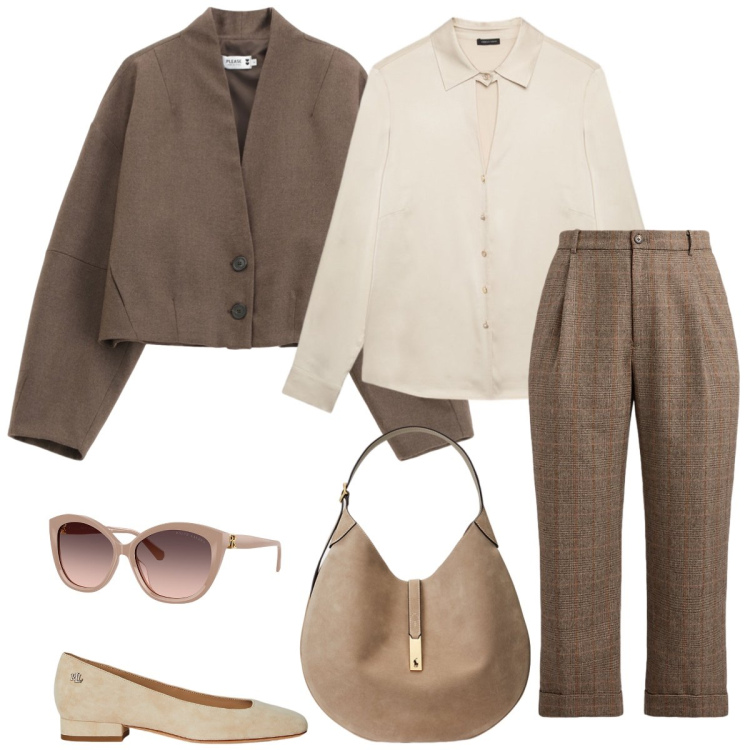 Outfit donna - Total look #2277756. Stile Casual chic per Ufficio. Abbinamento con blazer, borse a spalla, occhiali da sole, ballerine, pantaloni, camicie.