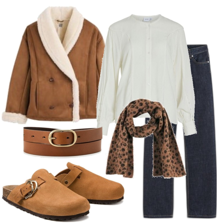 Outfit mujer - Boho #2567. Estilo Boho para Todos los días. Combinación con blusas, zuecos, abrigos, vaqueros rectos, cinturones, bufandas.