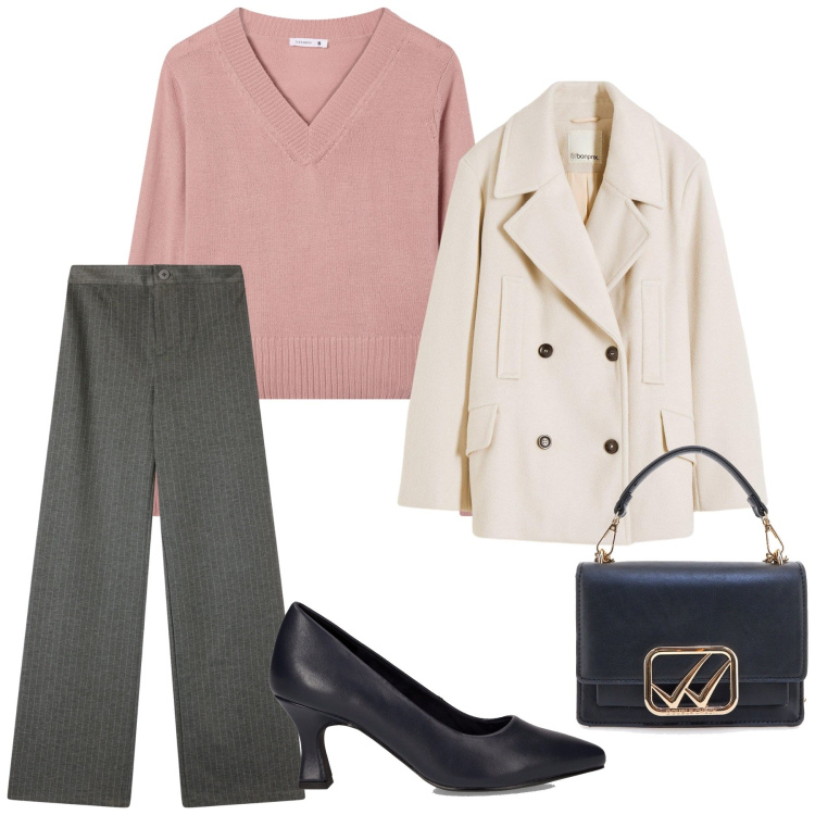 Outfit donna - Total look #2277760. Stile Romantica per Ufficio. Abbinamento con caban, pantaloni, maglieria, borse a tracolla, décolleté.