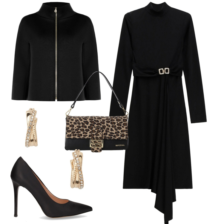 Outfit donna - Serata. Stile Chic per Serata fuori. Abbinamento con cappe, borse a spalla, vestiti midi/longuette, orecchini, décolleté.