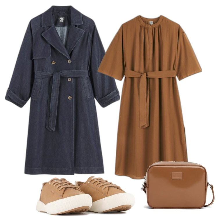 Outfit mujer - Minimal #2213. Estilo Minimal para Oficina. Combinación con vestidos largos, trench, sneakers, bandoleras.