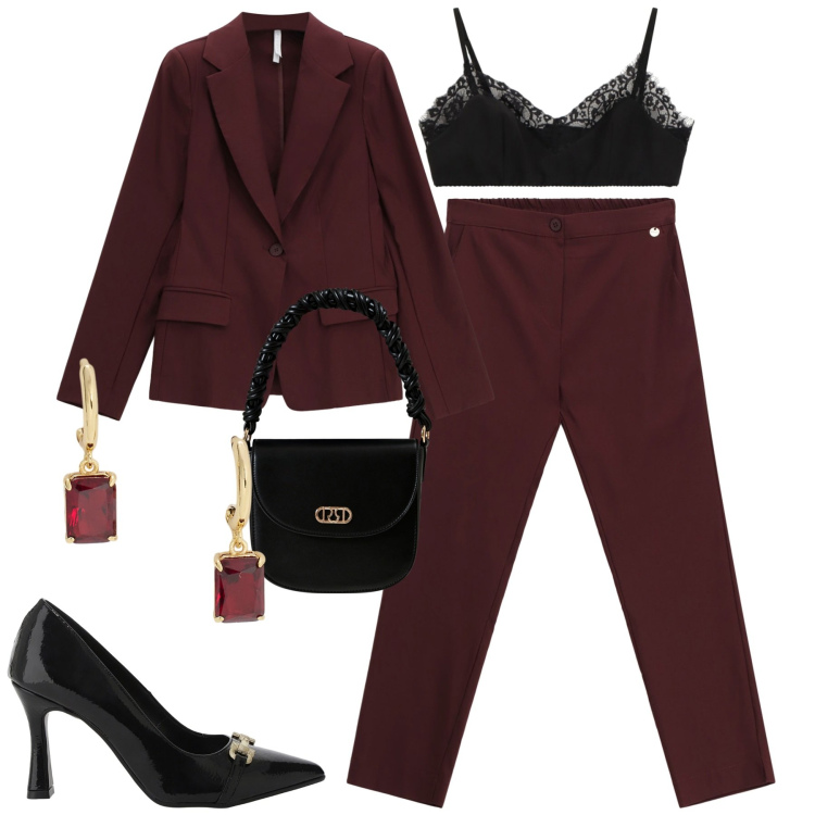 Outfit donna - Fashion. Stile Trendy per Tutti i giorni. Abbinamento con borse a mano, blazer, décolleté, bralette, pantaloni, orecchini.