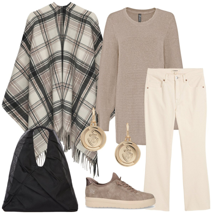 Outfit donna - Total look #2277767. Stile Casual per Tutti i giorni. Abbinamento con maglieria, jeans a zampa, cappotti, orecchini, shopping bag, sneakers.