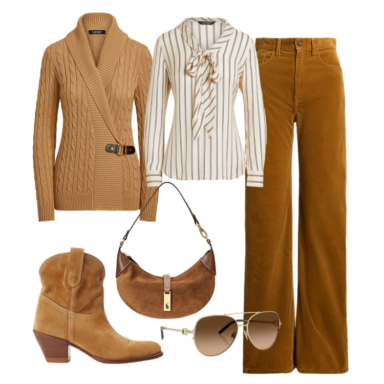 Outfit donna - Nuance caramello!. Stile Trendy per Tutti i giorni. Abbinamento con stivaletti, maglieria, borse a spalla, occhiali da sole, pantaloni, camicie.