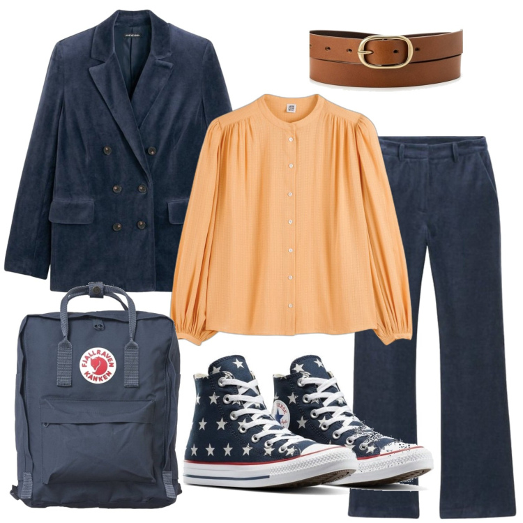 Outfit mujer - años 70 #349. Estilo años 70 para Oficina. Combinación con sneakers, mochilas, blusas, cinturones, pantalones, blazers.