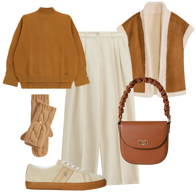 Outfit donna - Caramello mix & match. Stile Casual chic per Tutti i giorni. Abbinamento con piumini, borse a mano, pantaloni a palazzo, maglieria, sneakers, guanti.