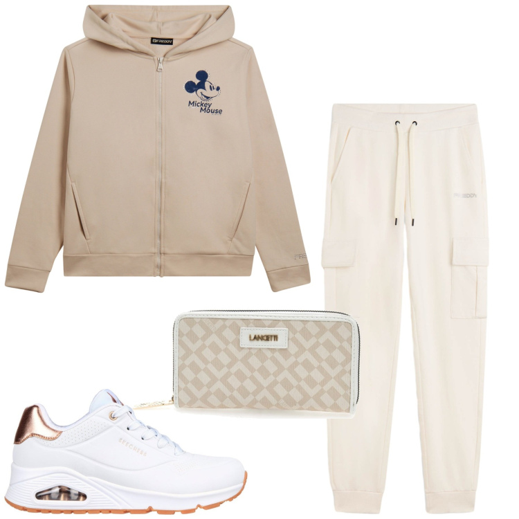 Outfit donna - Total look #2277792. Stile Sporty chic per Sport. Abbinamento con pantaloni sportivi, felpe con cappuccio, sneakers, portafogli.