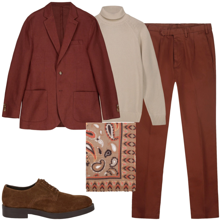Outfit uomo - City. Stile Trendy per Tutti i giorni. Abbinamento con sciarpe e foulard, scarpe stringate, giacche, pantaloni, pullovers.