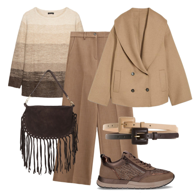 Outfit donna - Comfy al lavoro. Stile Casual chic per Ufficio. Abbinamento con cinture, blazer, pantaloni, borse a tracolla, sneakers, maglieria.